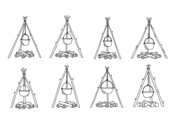 Download Campfire Cooking Pot Line Art Vector - Campfire cooking Collection